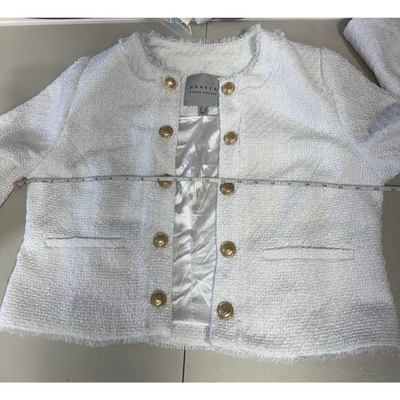 QVC Susan Graver Cropped Tweed Blazer w/ Fringe Detail White NWOT Size 12 - Picture 7 of 9